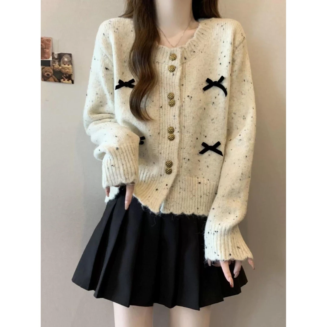 韩系小香风针织开衫女早秋蝴蝶结毛衣外套小个子短款外搭上衣套装