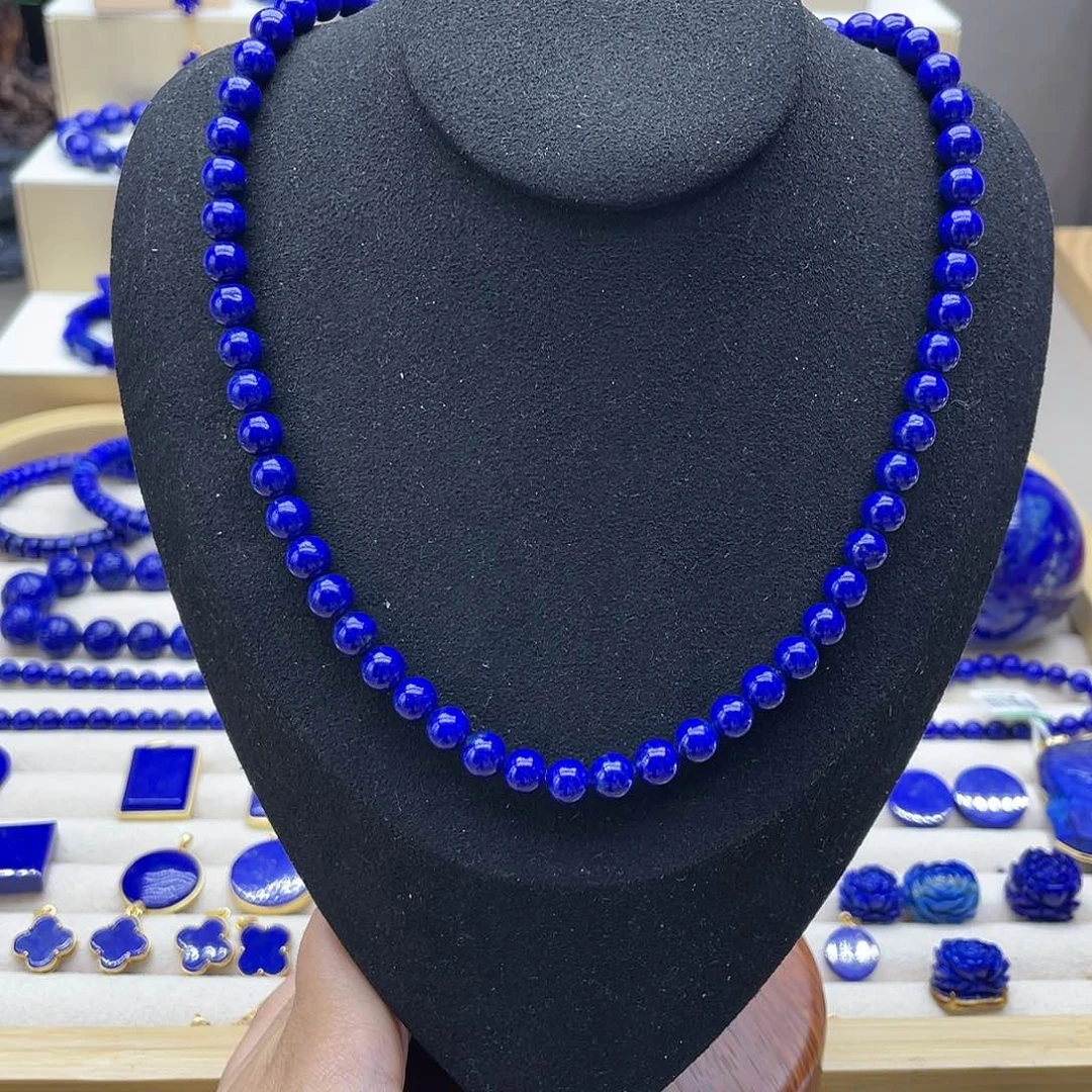 银S925镀金镶嵌青金石项链7mm高品