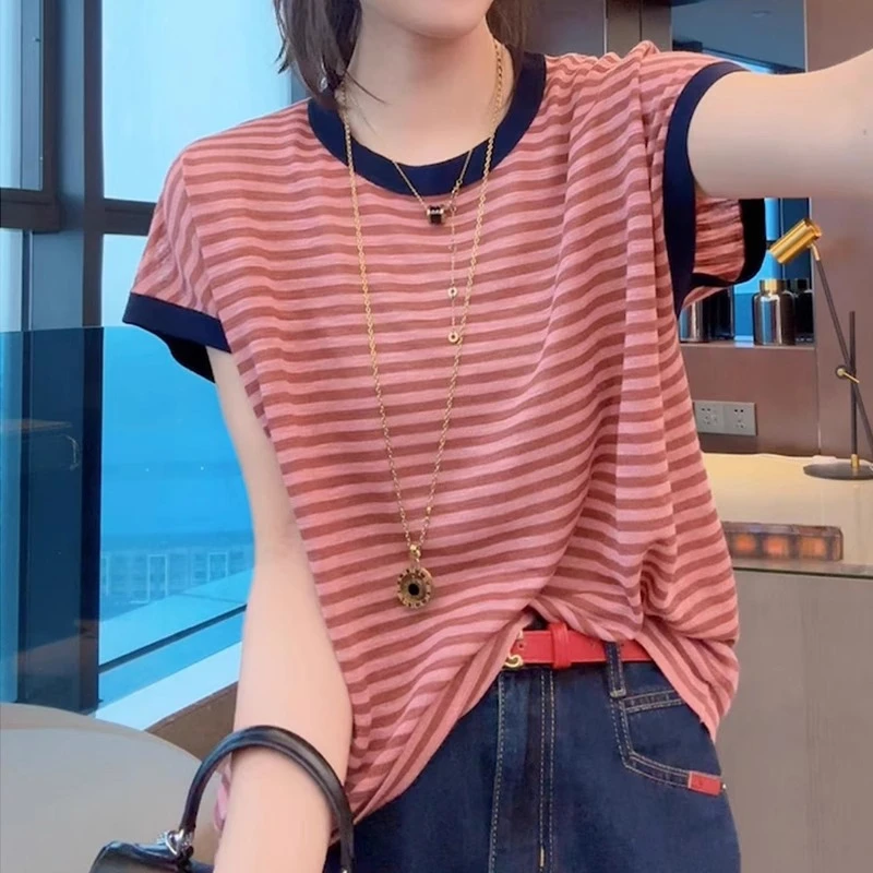 韩系条纹撞色短袖冰丝针织衫2025夏季新款设计感宽松显瘦气质上衣