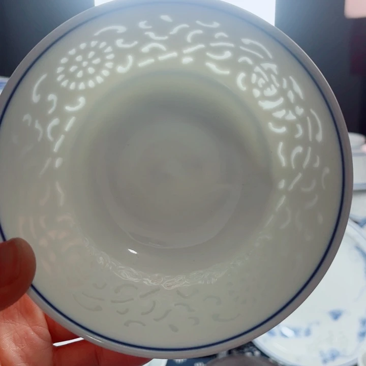 青花玲珑5寸饭碗满雕双福双线