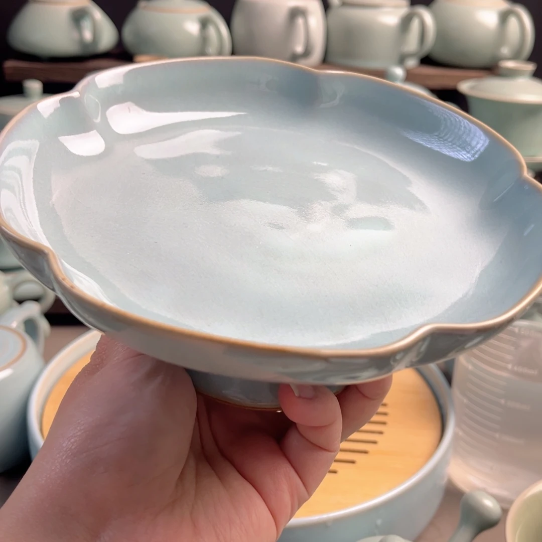 摆件陶瓷天青高足果盘原矿