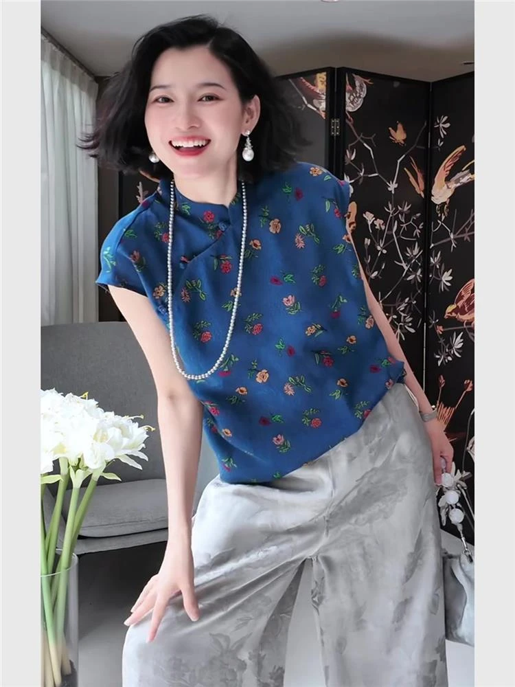 2025夏季女装新款时尚气质高级感新中式复古国风蓝色小衫提花上衣