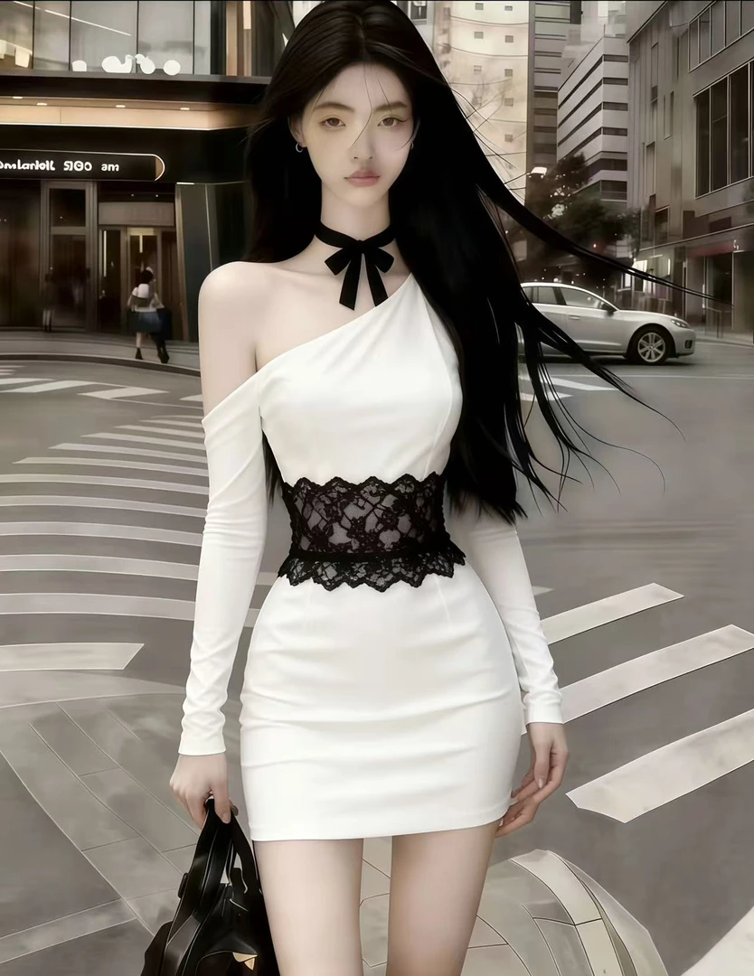 2026新款纯欲辣妹风白色露肩长袖斜领收腰拼接蕾丝修身包臀连衣裙