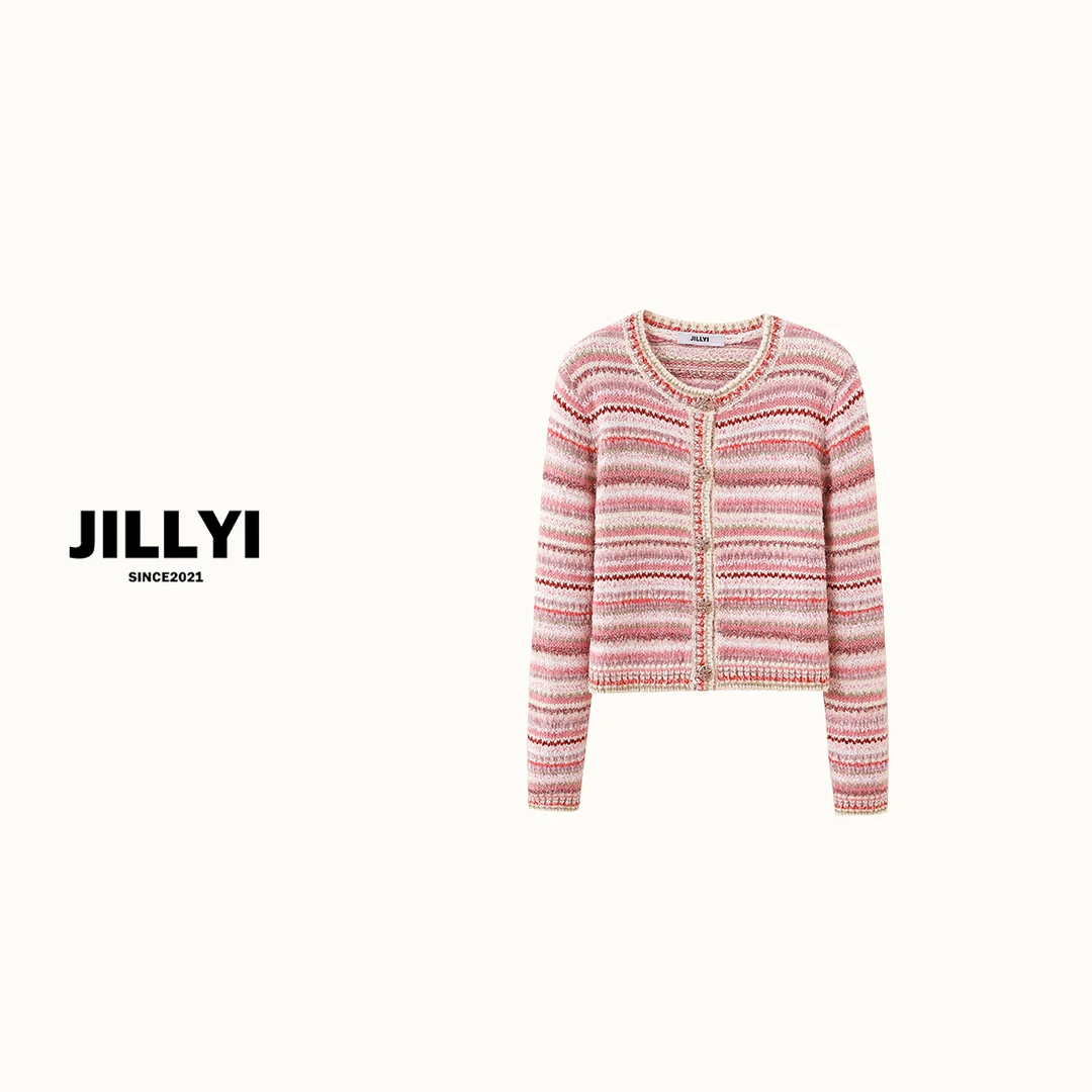 jillyi【漫步樱花】春款小香风编织条纹圆领樱花粉百搭长袖针织开衫