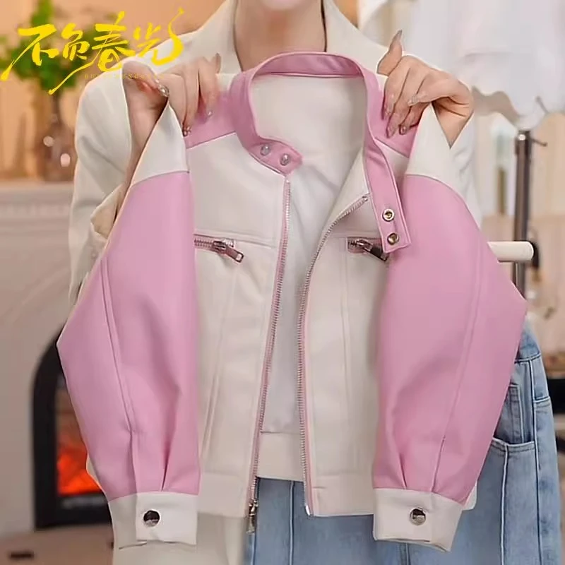 女童拼色皮衣外套2025春秋款机车服pu皮夹克开衫春装洋气时髦百搭