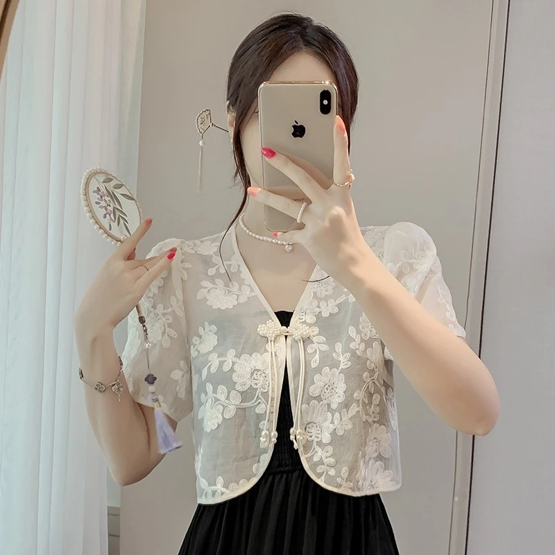 国风薄款雪纺披肩女新中式刺绣短款小坎肩罩衫外搭薄纱开衫上衣夏