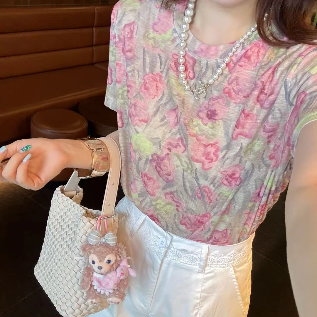 【Barbie Jingni】夏季圆领晕染印花设计感显瘦正肩T恤28128