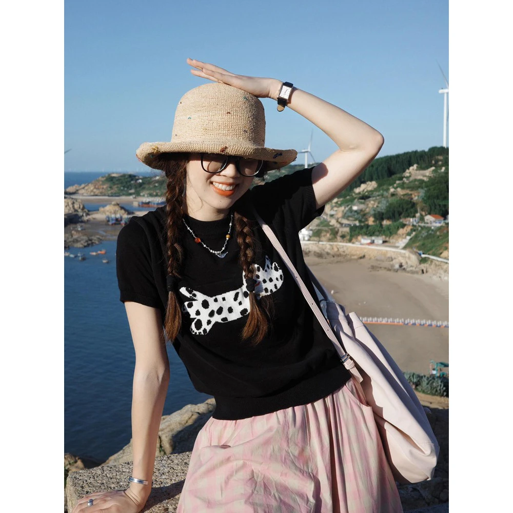 T恤女2025新款早春季韩版斑点狗提花针织减龄宽松百搭短袖上衣