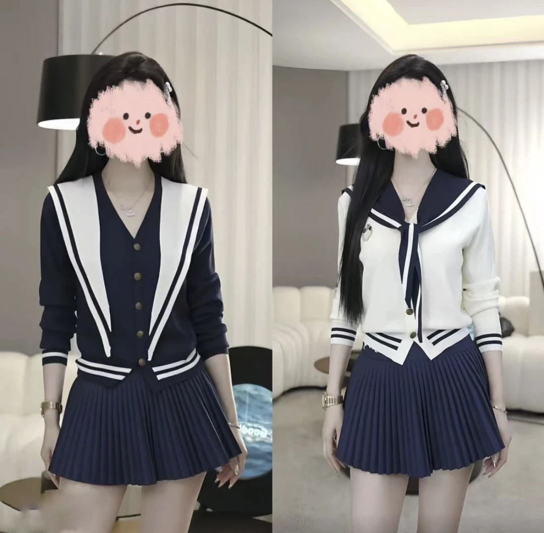 2025早秋女士时尚新款韩系海军领系带针织上衣高腰显瘦百褶裙套装