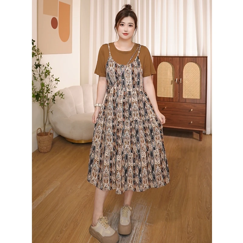 《哆啦》雪纺碎花吊带假俩件咖啡色大码微胖穿搭胖妹妹连衣裙525517