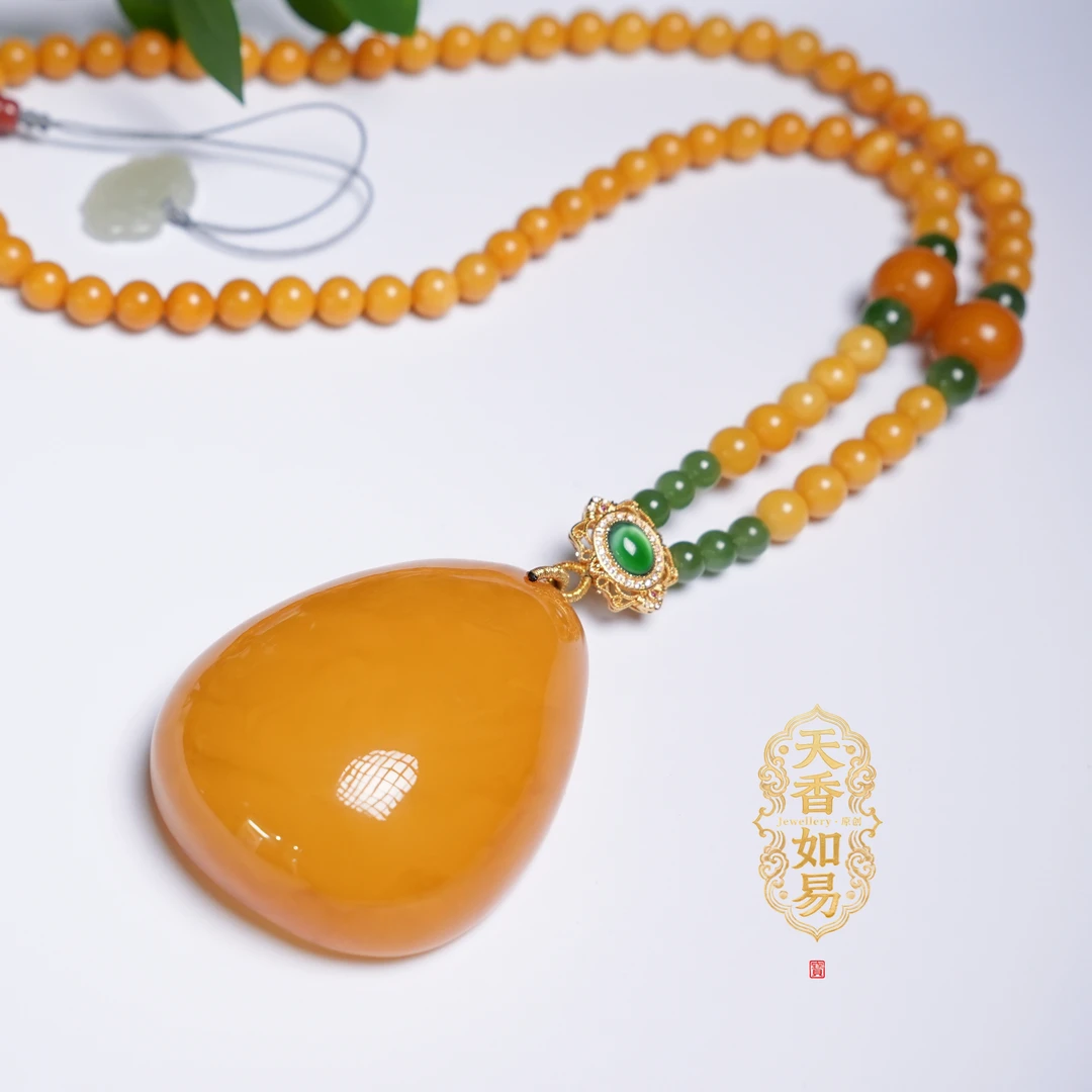 【天香如易】天然琥珀蜜蜡18k金老蜡水滴吊坠+链子（多样性发货）