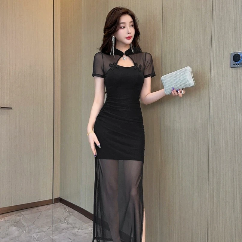 新款ktv佳丽礼服复古改良旗袍裙夜场上班衣服长裙足浴技师工作服