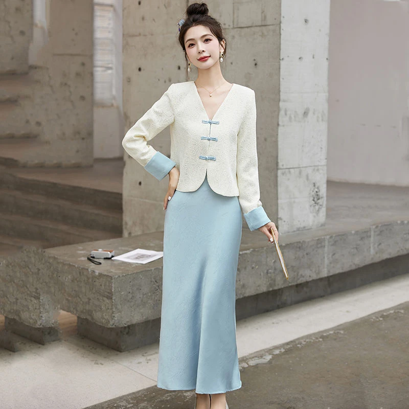 X105春夏新款纯欲蓝色系蕾丝长袖西装搭配吊带裙