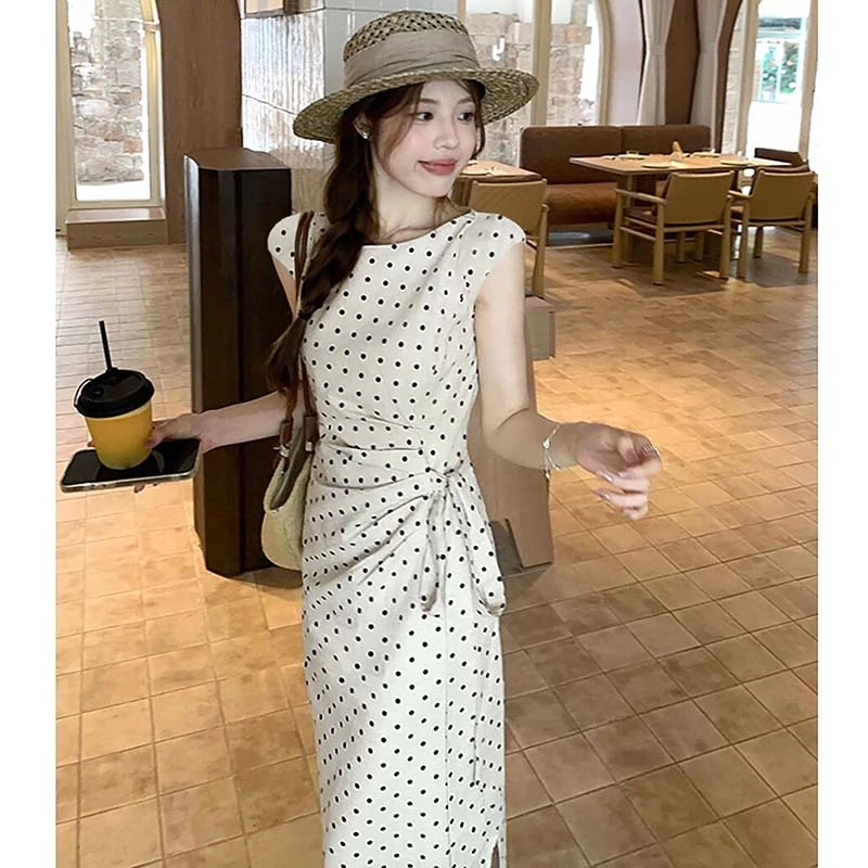 2025新款时尚气质小众法式绑带显瘦收腰长裙波点连衣裙女D3290