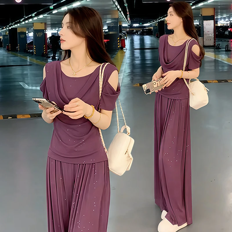 韩版休闲套装女2025年夏季新款设计感露肩短袖上衣阔腿裤两件套潮