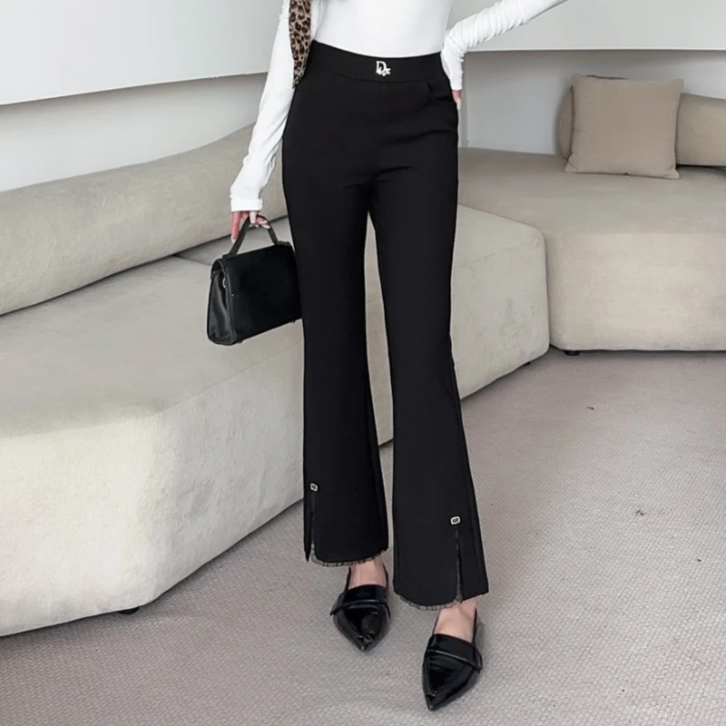 百花果【防褪色】2025秋冬微喇叭女裤蕾丝边大码西装休闲裤鱼尾裤