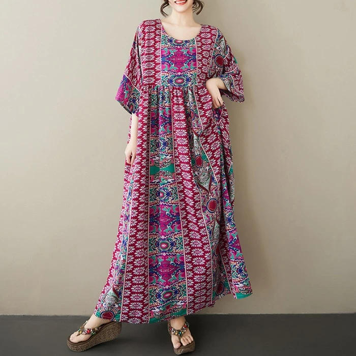 120-180斤民族风文艺大码复古休闲连衣裙妈妈装宽松藏肉大摆裙女