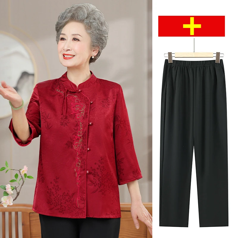妈妈国风高档上衣服老年人夏装女新中式奶奶衬衫薄喜婆婆婚礼套装