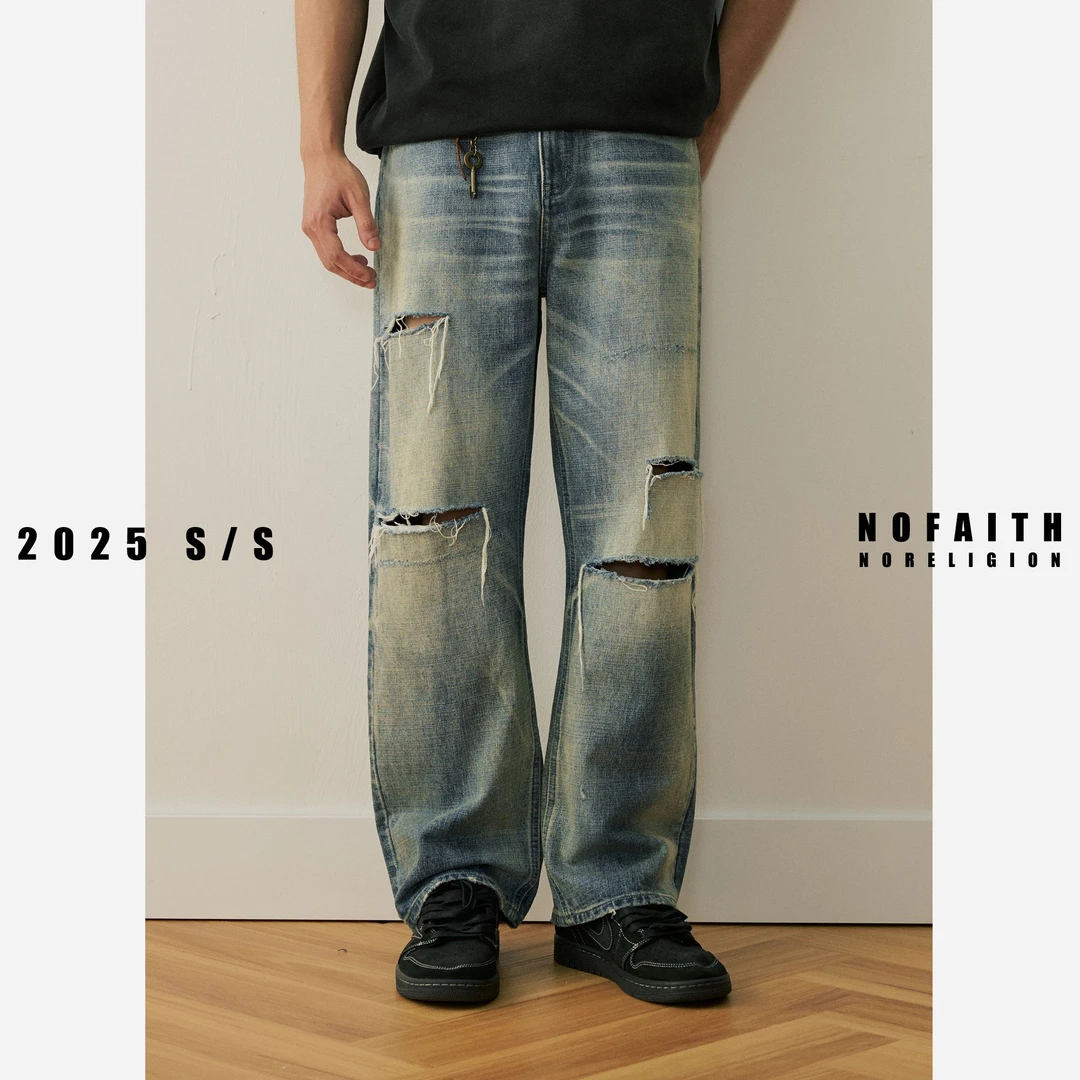 NOFAITH水洗做旧毛边破坏牛仔裤男宽松直筒新疆棉休闲裤长NK5216