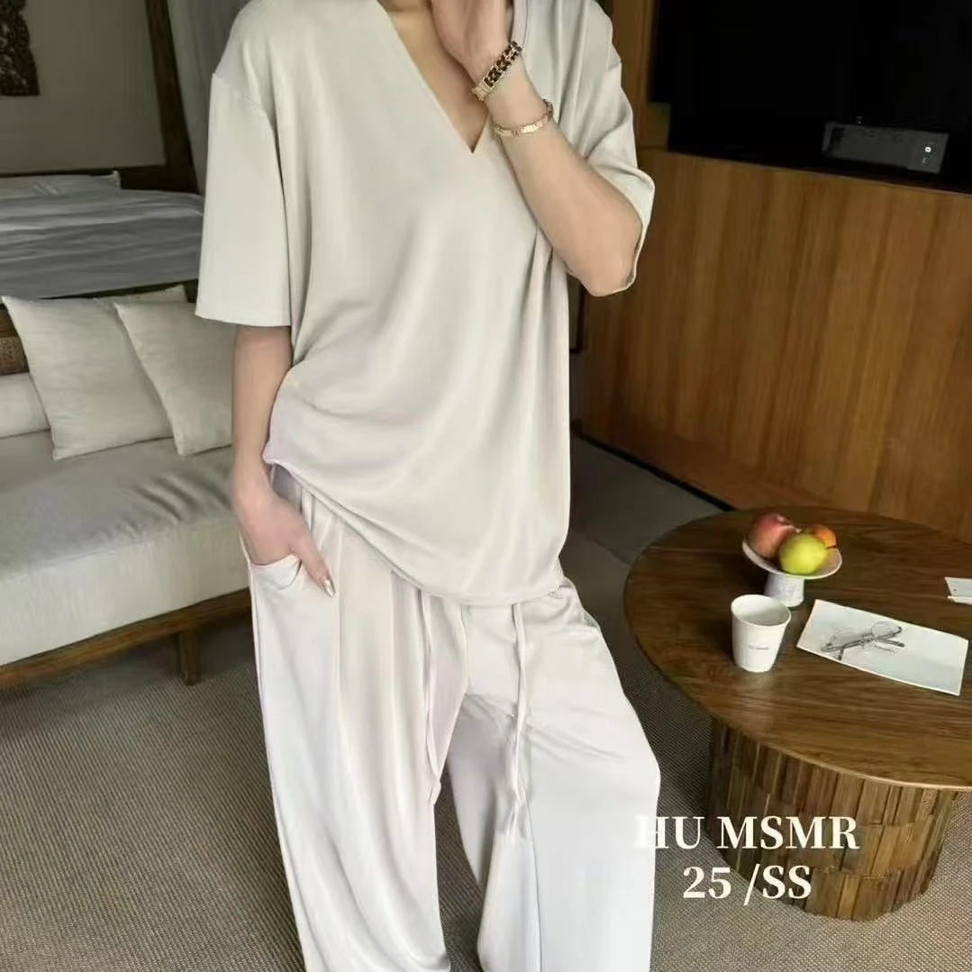 525/590 夏季新款韩版百搭宽松圆领T恤松紧腰抽绳阔腿裤套装女