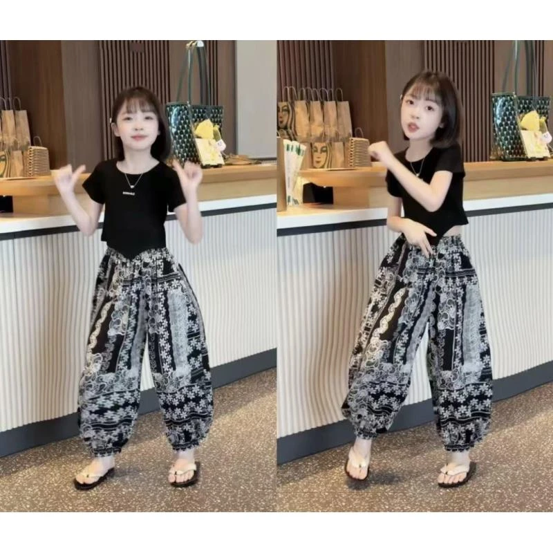 女童夏季短袖不规则T恤2025新款韩版中大童洋气薄款防蚊裤两件套