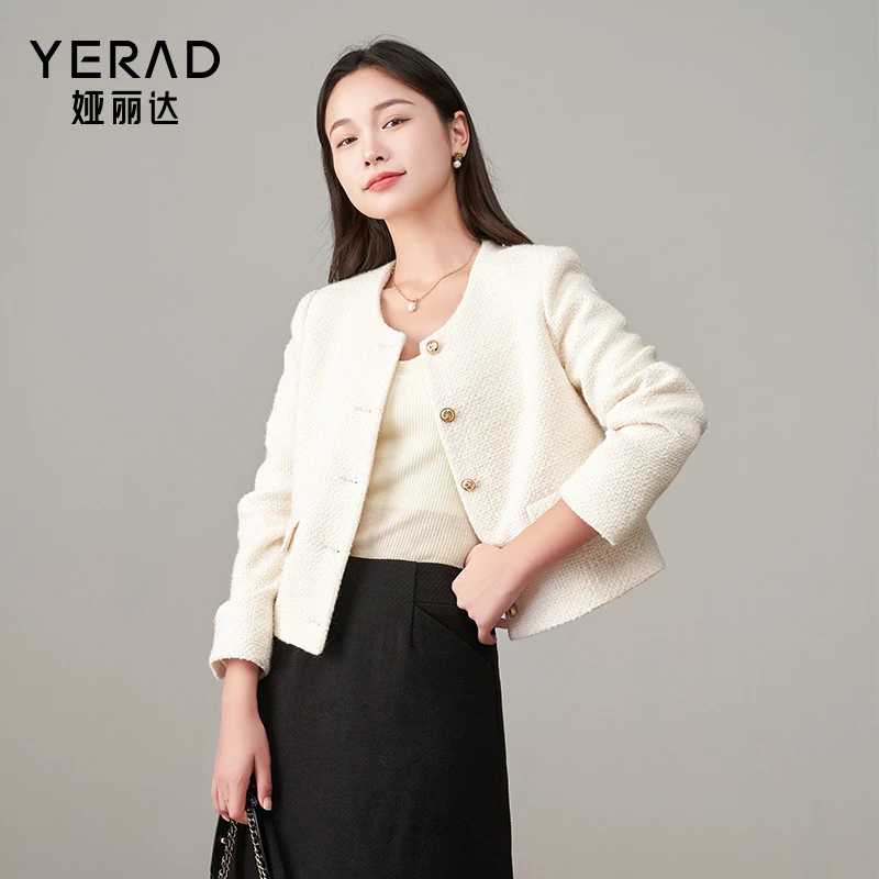 娅丽达气质优雅风毛呢小香风外套女2025年冬新款时尚百搭短款上衣