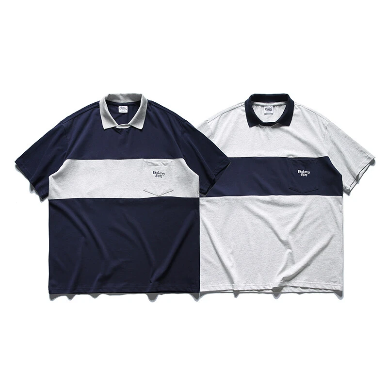 Y435夏季潮牌港风拼色简约拼接口袋翻领短袖t恤