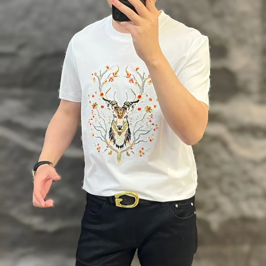 新款高端男士潮流百搭个性动物图案休闲短袖T恤8001