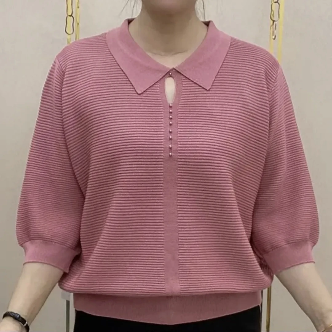 2025春夏新款宽松显瘦翻领百搭针织衫时尚气质减龄纯色大码妈妈装