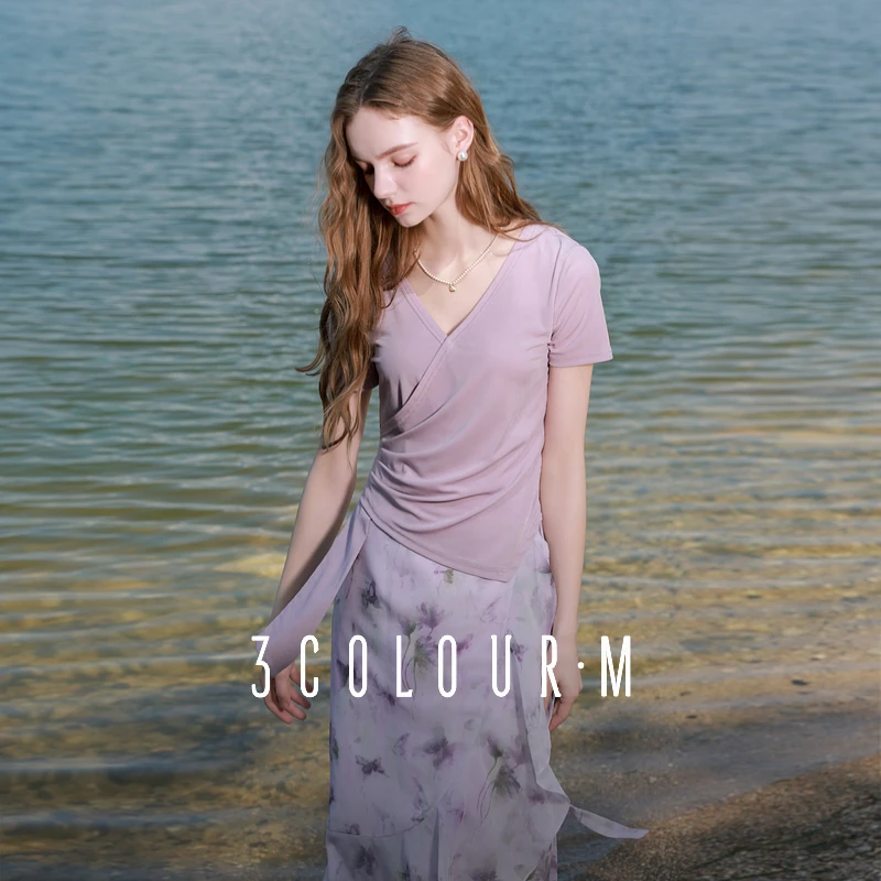 三彩2025秋季新款V领短袖T恤套头上衣不规则设计感修身百搭M