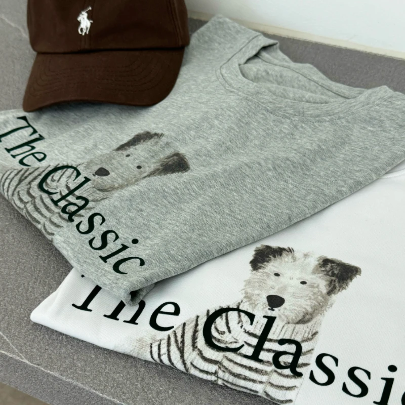 7951 春夏简约百搭美式复古宽松ins风氛围感小狗数码直喷短袖