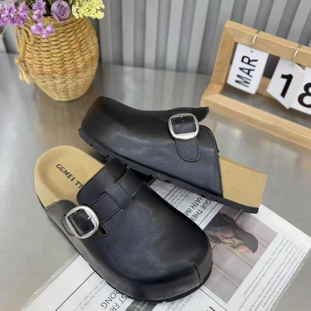 2025年夏季新款真皮时尚包头勃肯百搭增高皮带扣休闲凉拖鞋女
