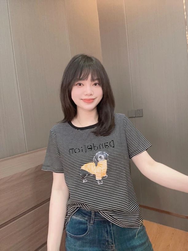 御妍婷条纹小狗字母短袖显瘦圆领正肩t恤女百搭弹力新款上衣0312