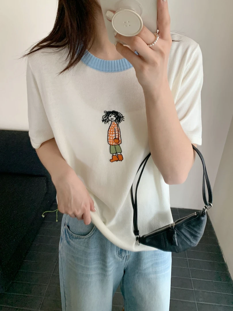 【潘潘.688832】2025年夏新款百搭天爽亚麻撞色圆领短袖针织衫