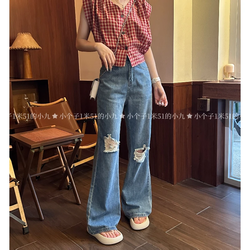 124美式微喇破洞牛仔裤薄款2025夏季新款小个子高腰马蹄喇叭裤