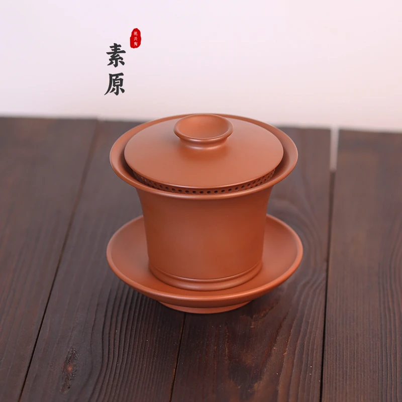 可悬停全孔三才盖碗坭兴陶纯手工中式防烫自带滤网盖碗功夫茶壶