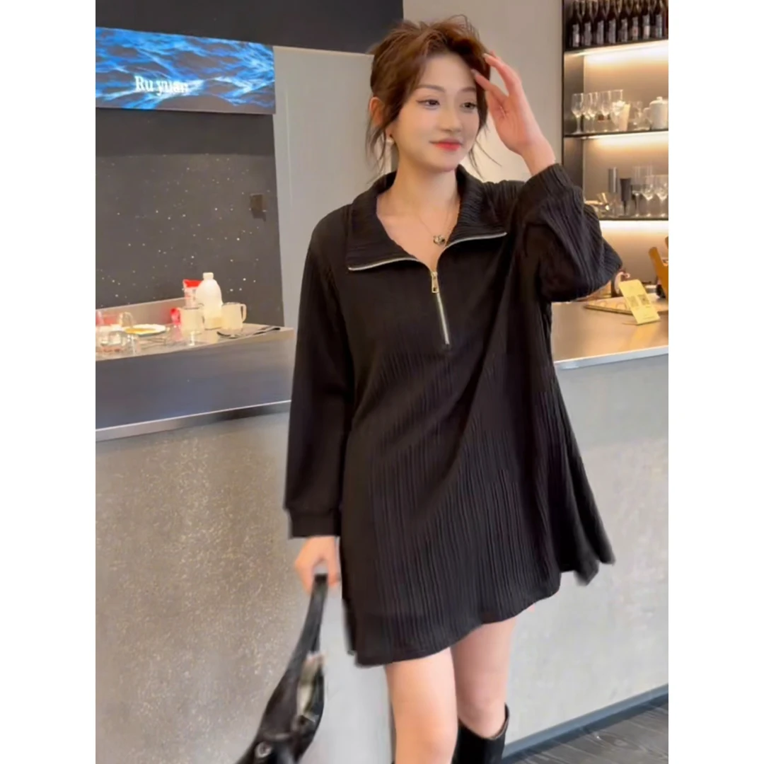 【胡消费】12大码打底衫3054-1气质时尚翻领百搭新款简约长款高级感