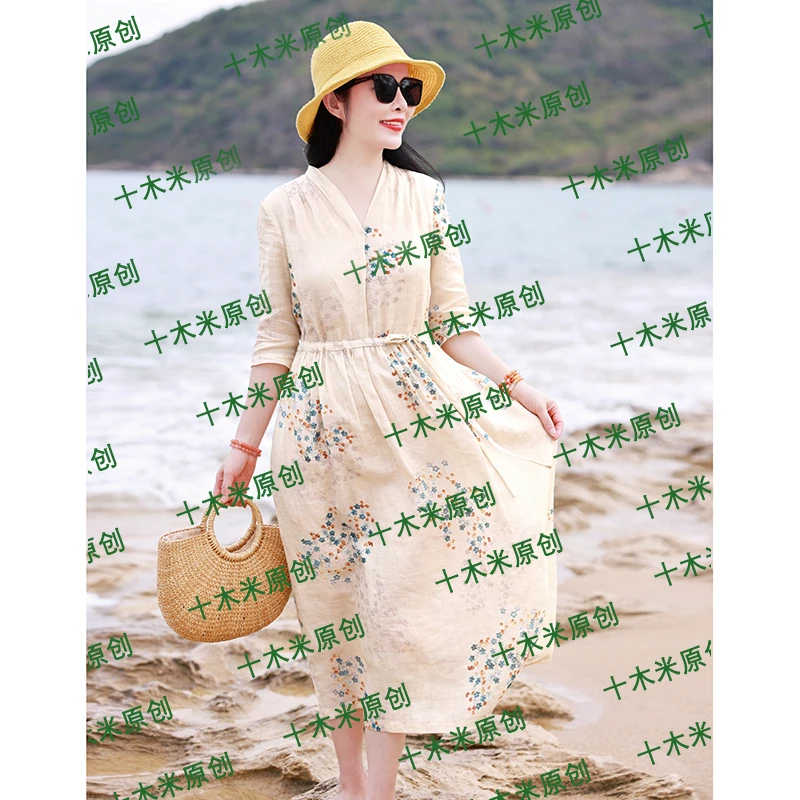 婵娟/十木米原创夏季新款苎麻印花文艺复古气质显瘦长款连衣裙