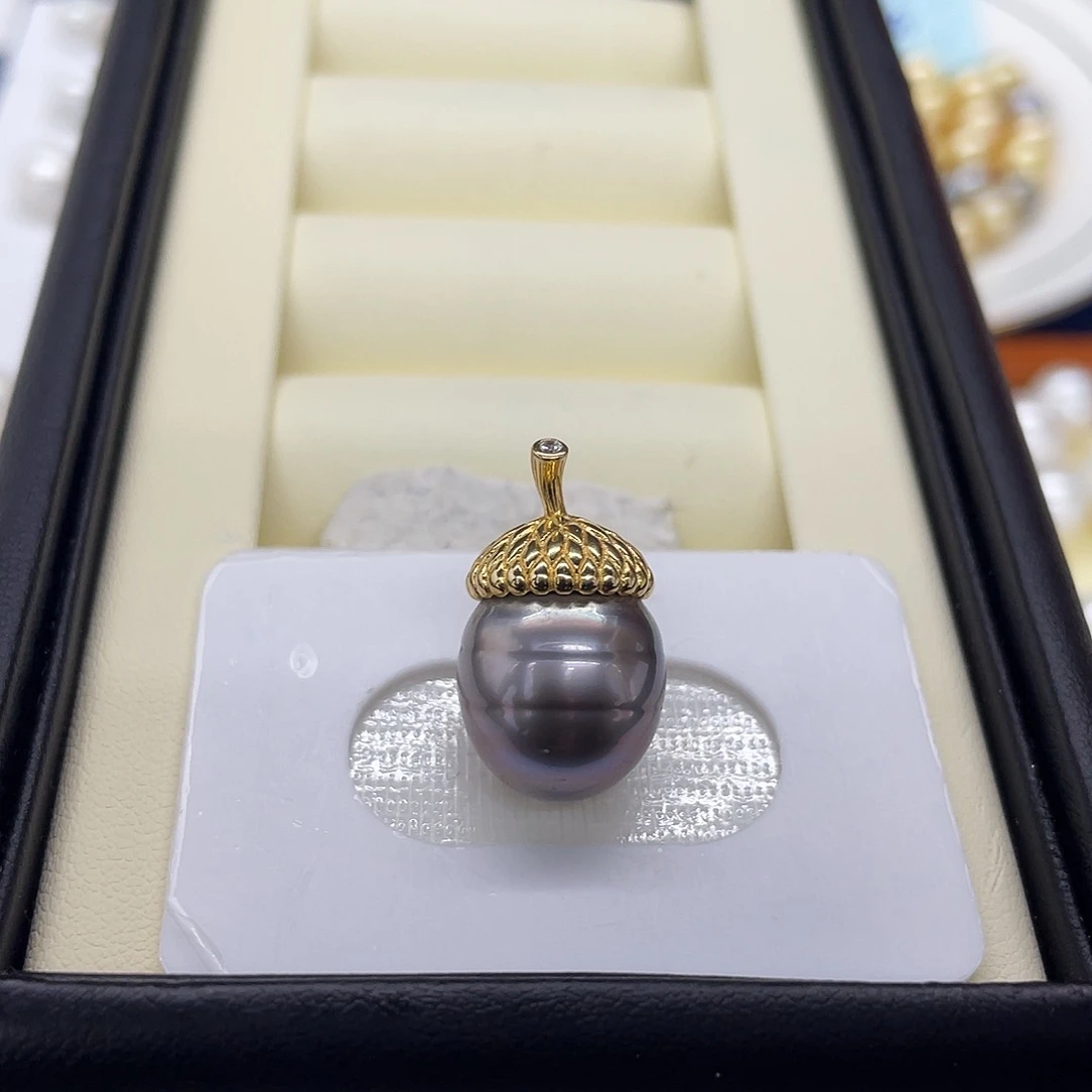 海水珍珠银S925镶嵌颈饰香芋紫色螺纹松果吊坠13.2mm