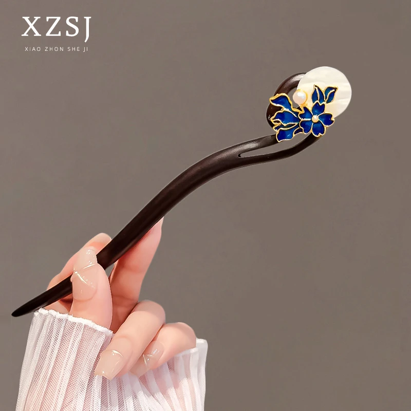 新中式明月国风黑檀木发簪古风盘发头饰发钗女步摇簪子配旗袍配饰