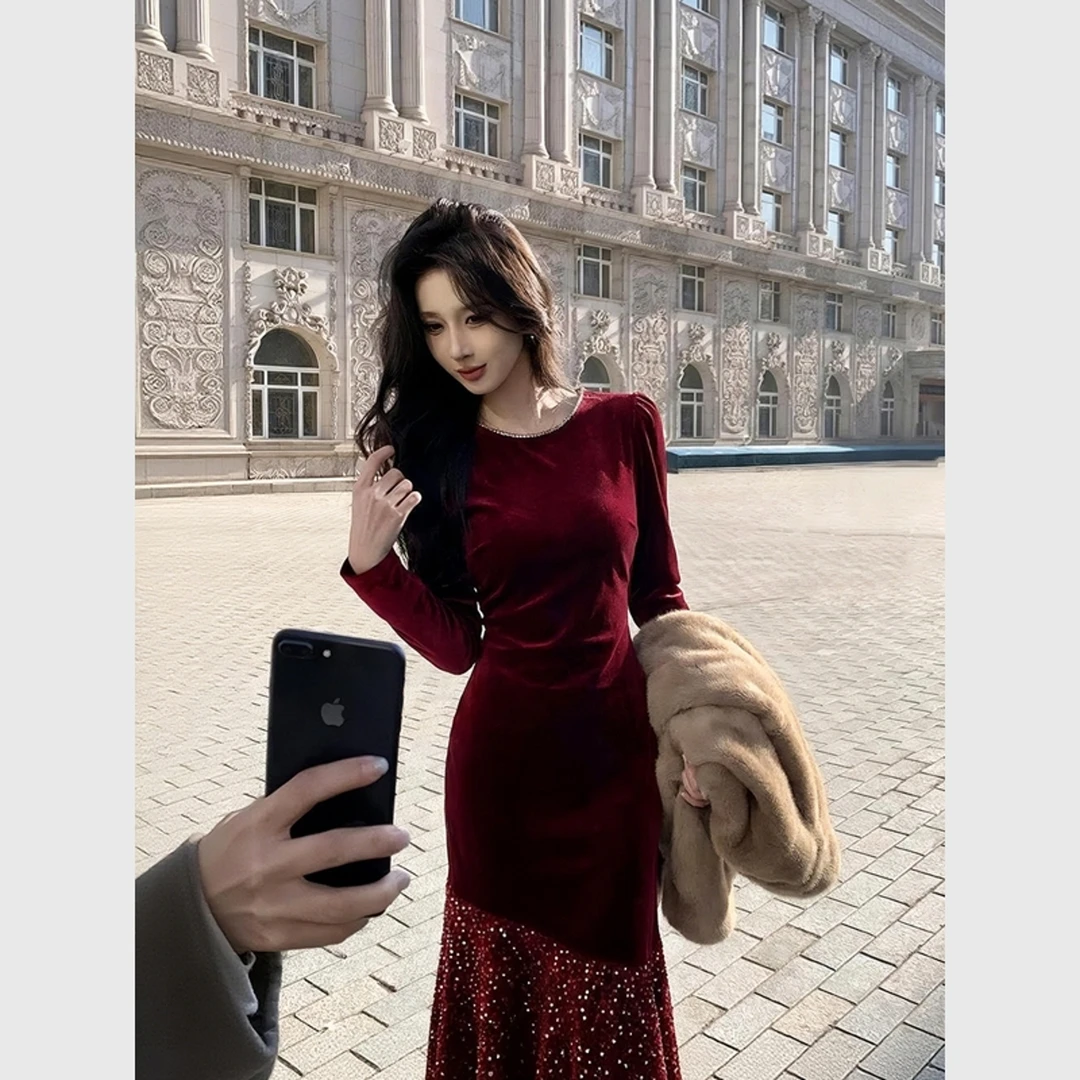 出席重要场合的裙子气质收腰圣诞新年战袍法式红色丝绒亮片连衣裙