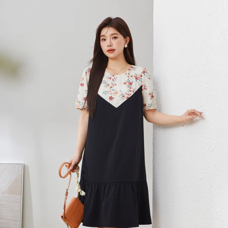 采多宝大码女装夏季新款荷叶边撞色拼接连衣裙 EXQ2996