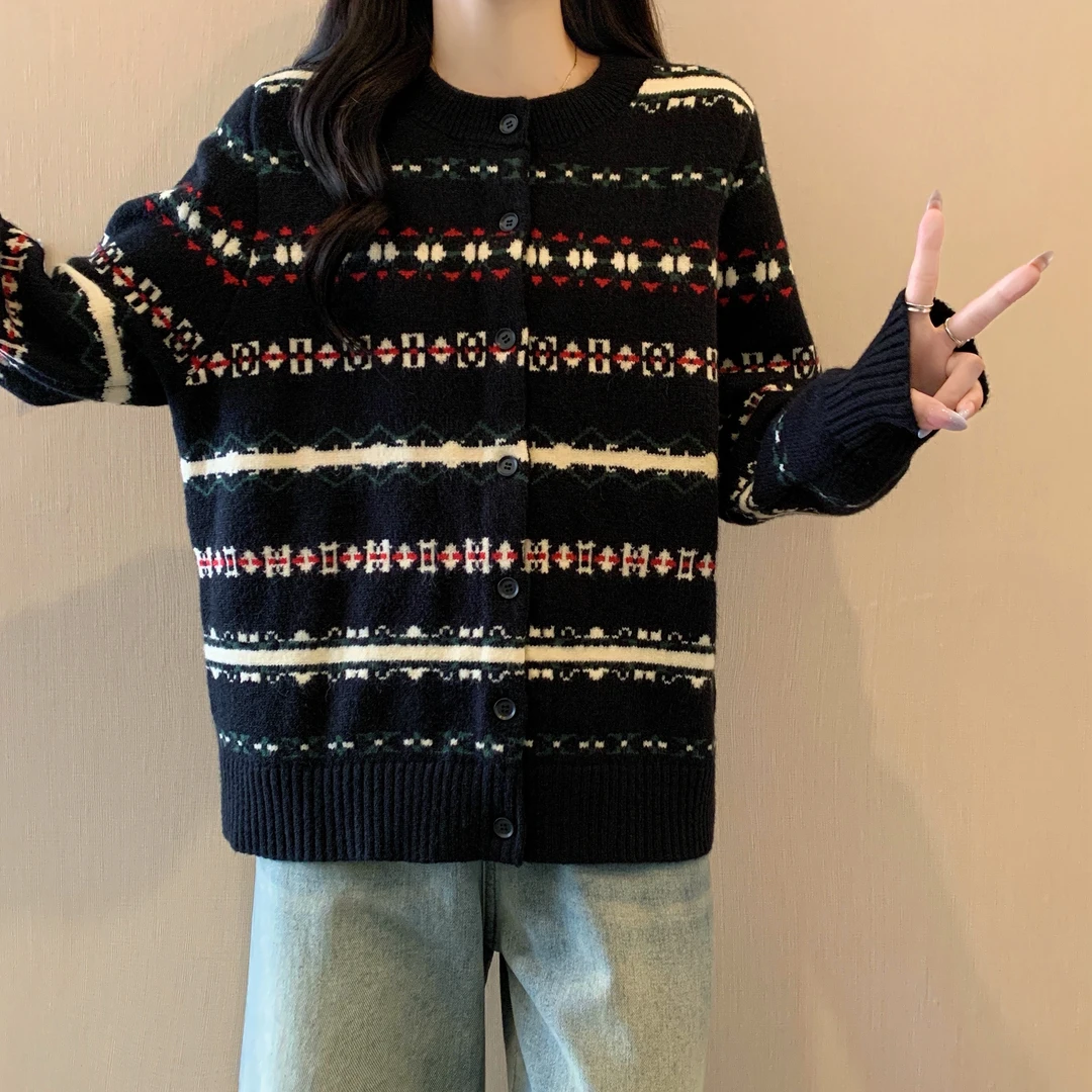 BUMENYLEE复古提花毛衣开衫外套胖mm秋冬宽松遮度针织衫上衣