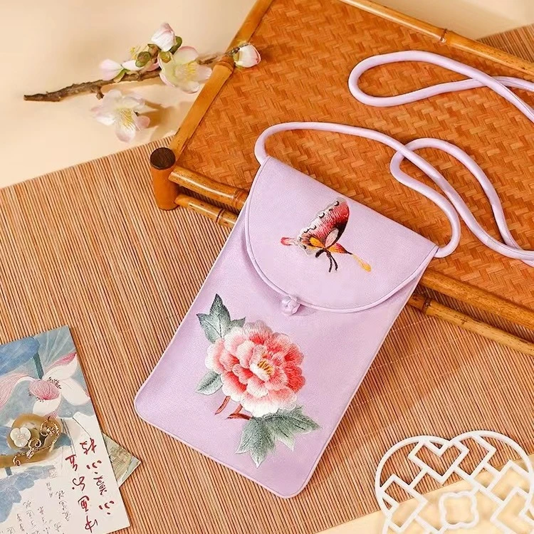 牡丹花苏绣斜挎手机包苏绣非遗刺绣手机古装包