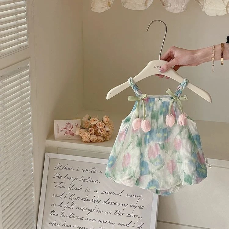 花仙子吊带包屁 女宝宝夏装婴儿衣服夏季新生儿夏款无袖三角哈衣