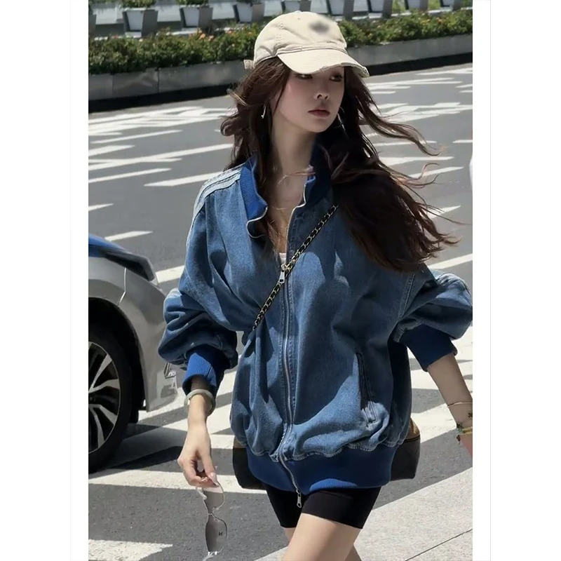 韩系休闲运动风蓝色牛仔外套女秋季新款复古三条杠宽松棒球服上衣