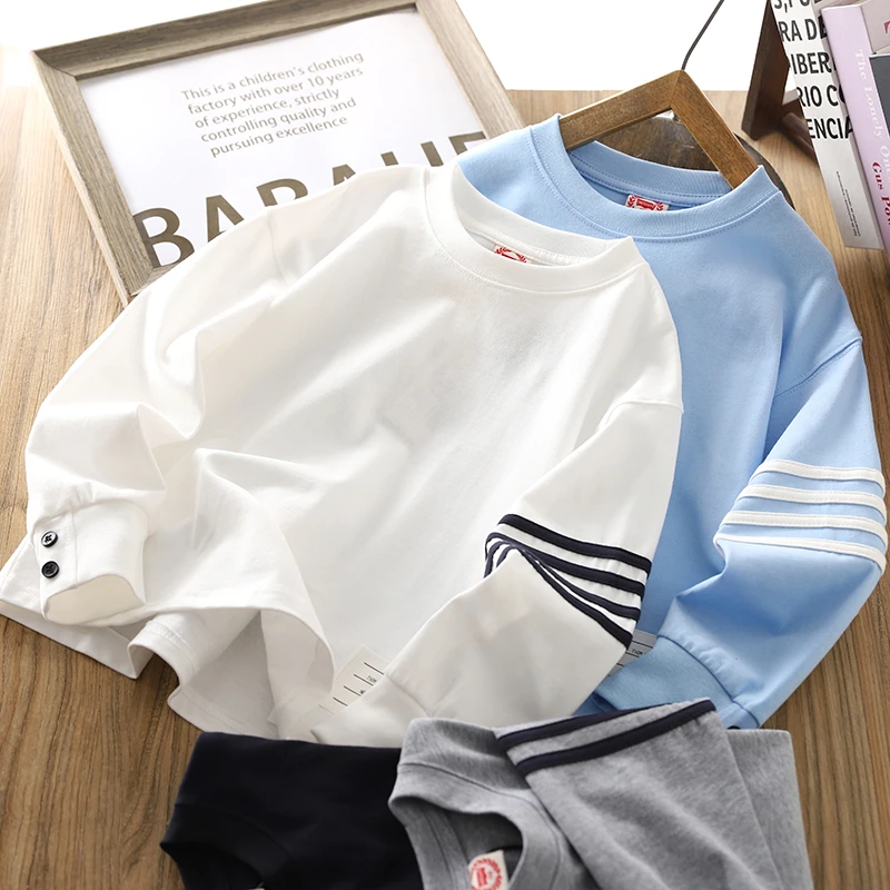 男童长袖T恤衫2025春秋新款儿童袖拉条圆领衫百搭时尚纯棉打底衫