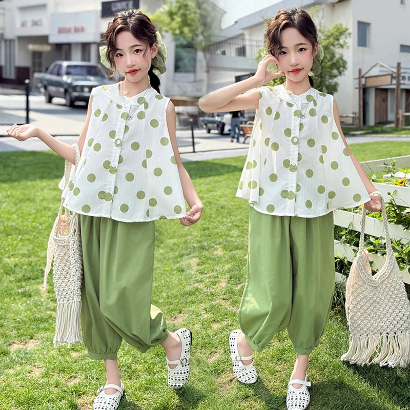 女童套装夏季薄款中大童无袖2025新款洋气时尚儿童夏装时髦两件套