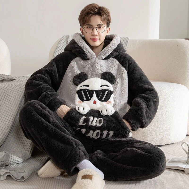 男士睡衣秋冬季加厚加绒珊瑚绒青少年学生加大码法兰绒长袖套装