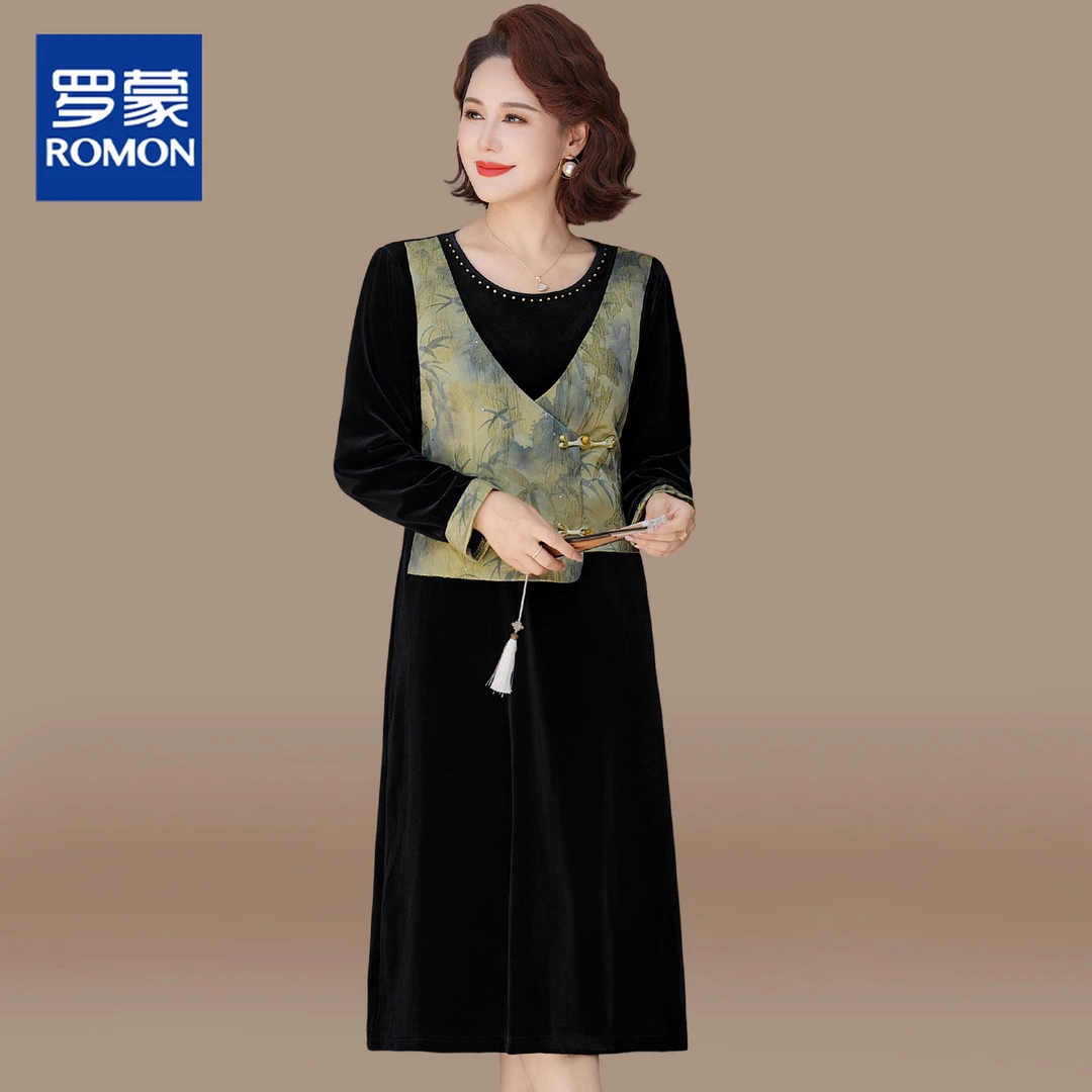 新中式妈妈连衣裙端庄大气秋装金丝绒打底裙中老年春秋气质长裙女